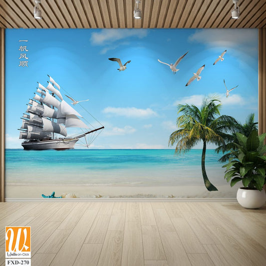 3D wallpaper of a ship and white beach with palm trees [WP-FXD-270]