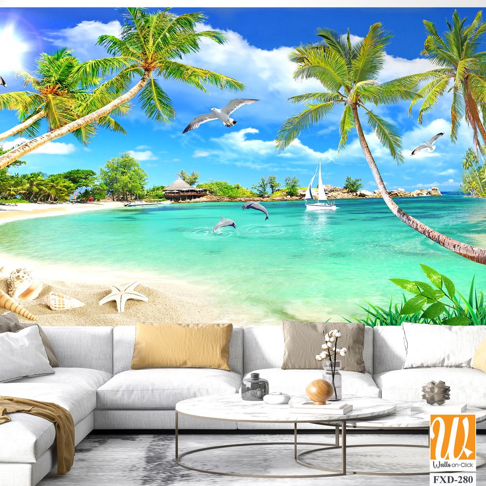 3D wallpaper featuring a beach with palm trees, seashells, and birds [WP-FXD-280]