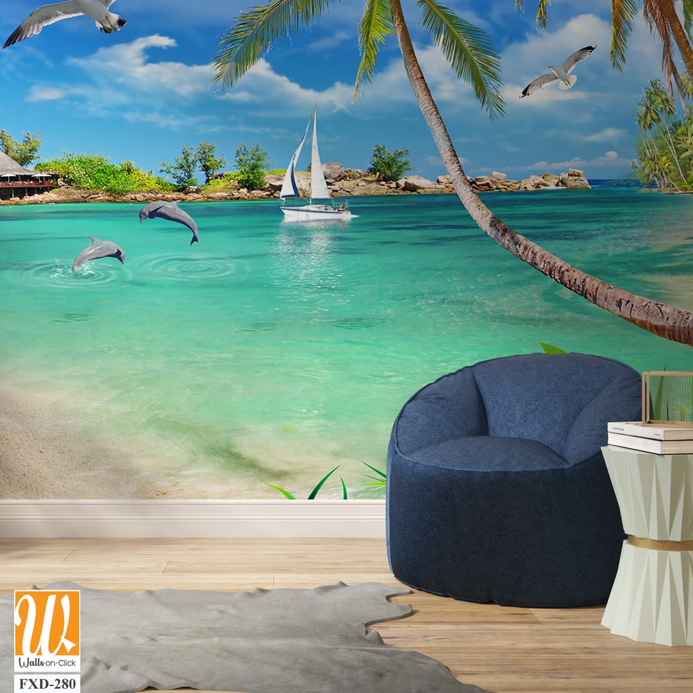 3D wallpaper featuring a beach with palm trees, seashells, and birds [WP-FXD-280]