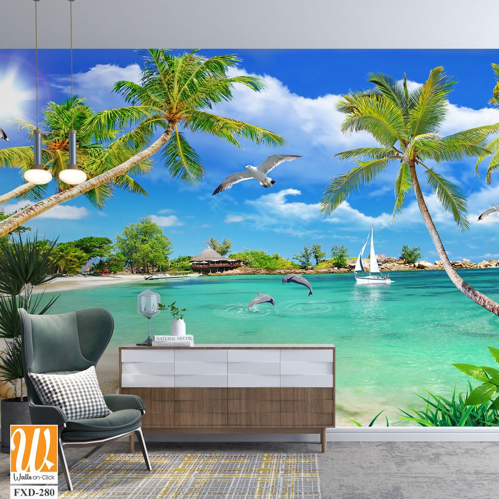 3D wallpaper featuring a beach with palm trees, seashells, and birds [WP-FXD-280]