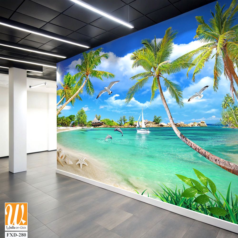 3D wallpaper featuring a beach with palm trees, seashells, and birds [WP-FXD-280]