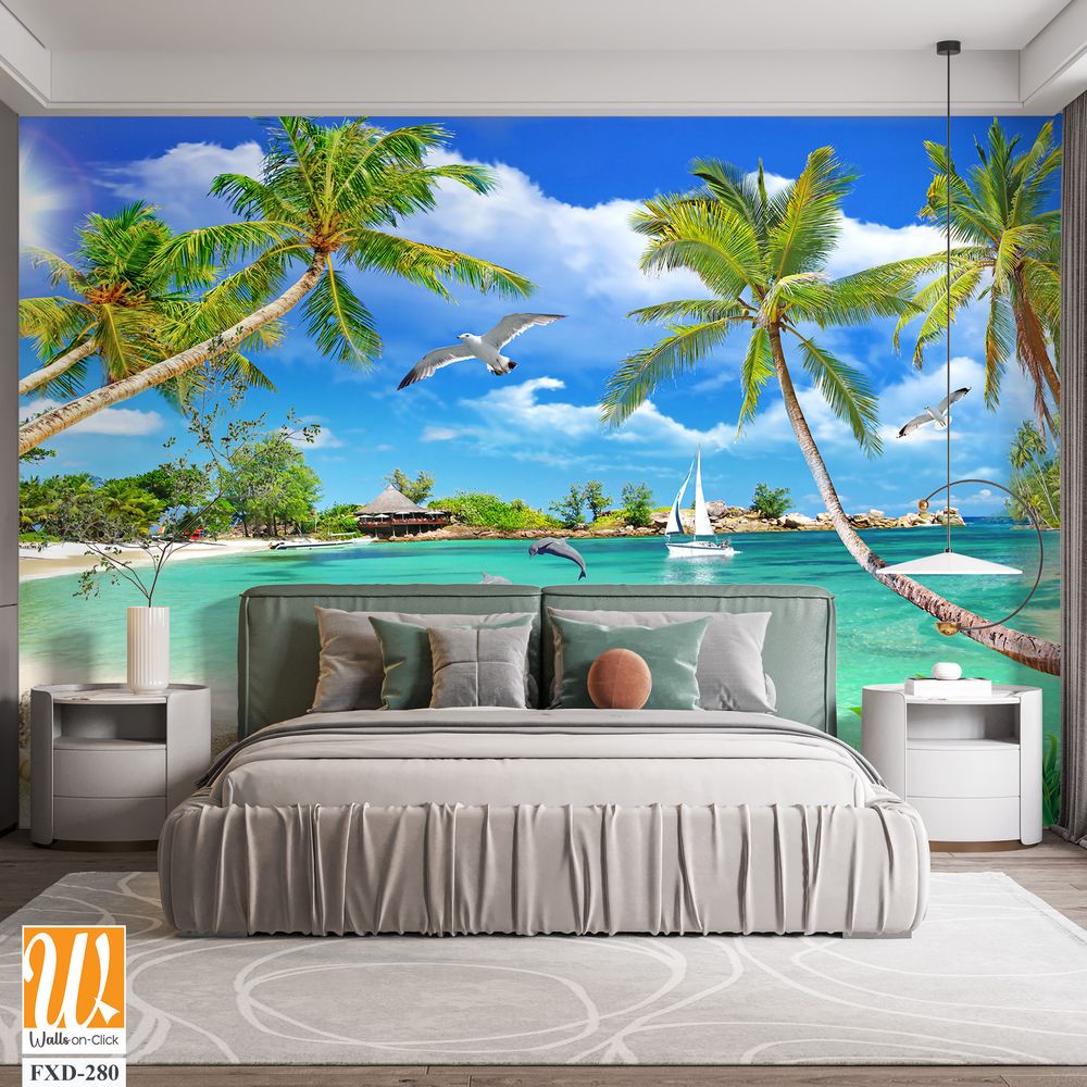 3D wallpaper featuring a beach with palm trees, seashells, and birds [WP-FXD-280]