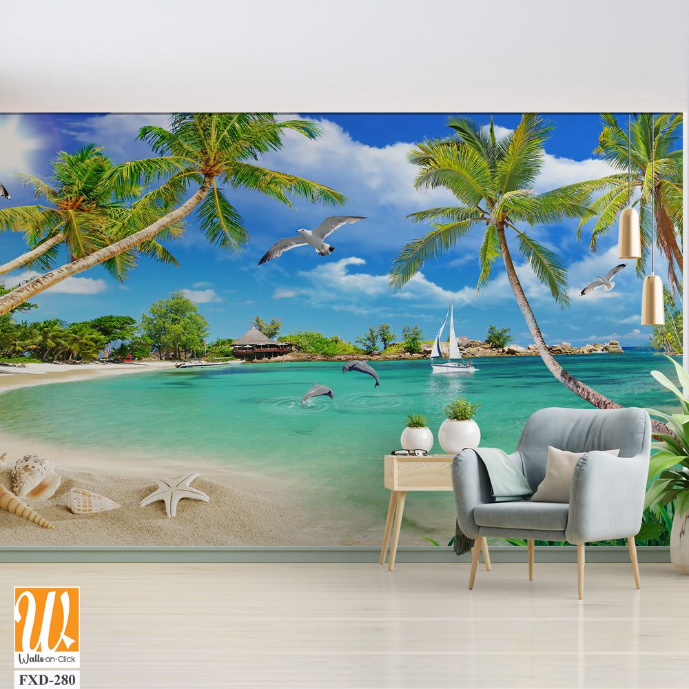 3D wallpaper featuring a beach with palm trees, seashells, and birds [WP-FXD-280]