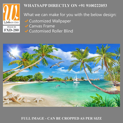 3D wallpaper featuring a beach with palm trees, seashells, and birds [WP-FXD-280]