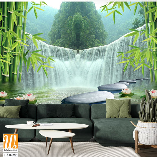 3D bamboo forest waterfall and stone background wall mural Wallpaper [WP-FXD-285]