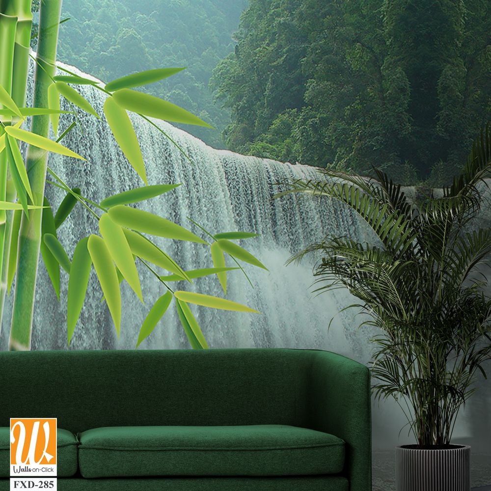 3D bamboo forest waterfall and stone background wall mural Wallpaper [WP-FXD-285]