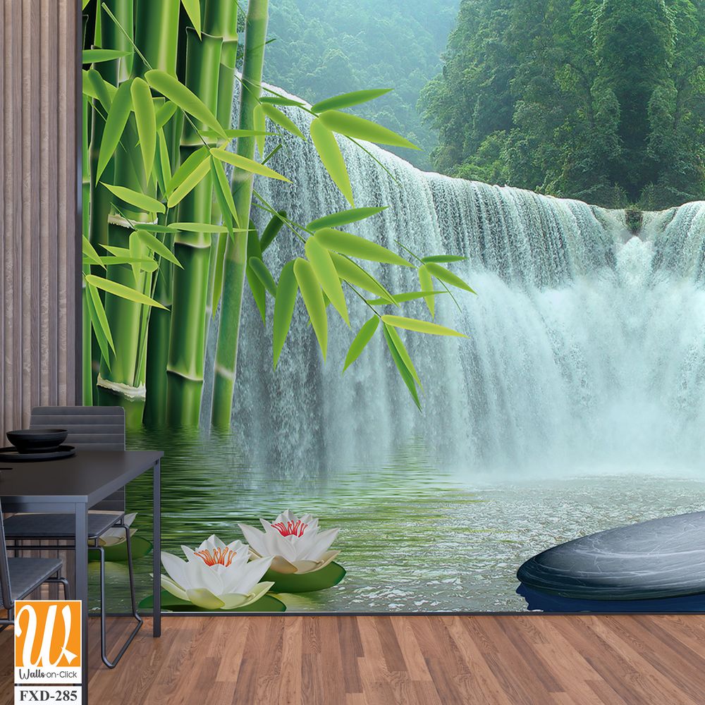 3D bamboo forest waterfall and stone background wall mural Wallpaper [WP-FXD-285]