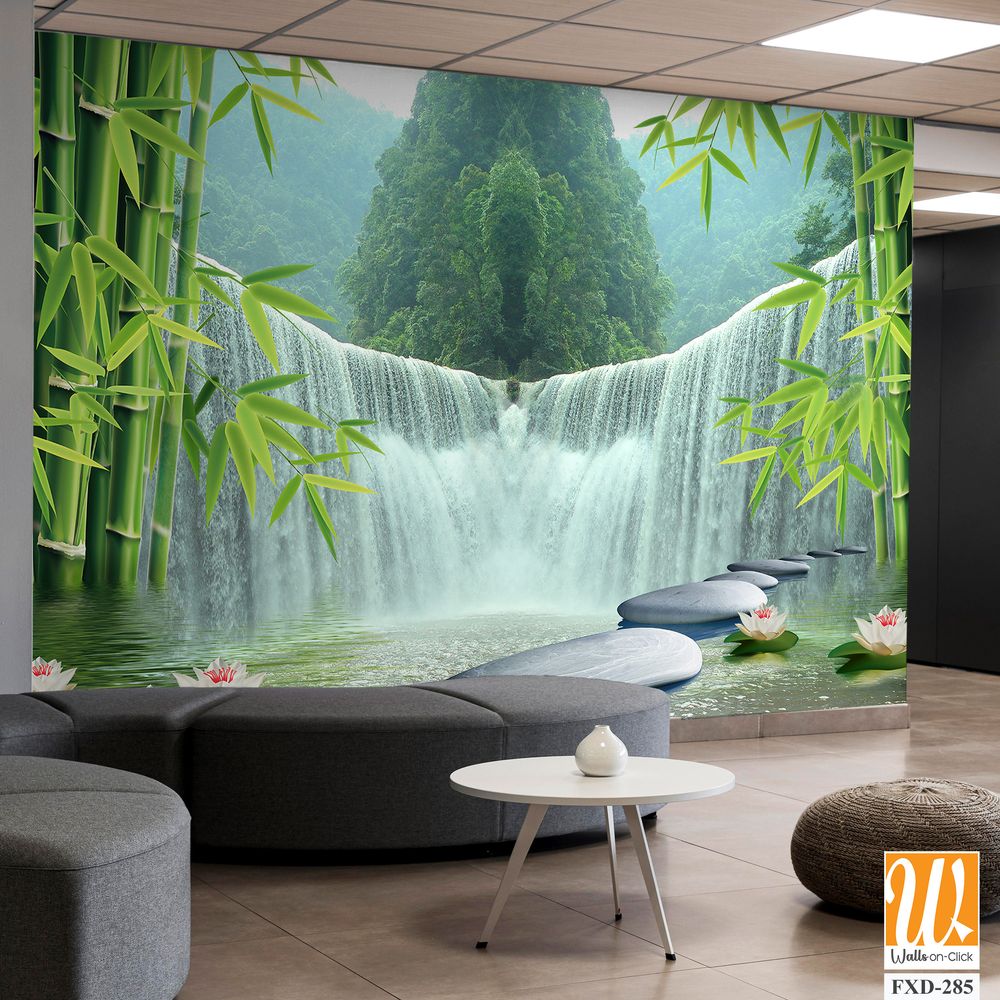 3D bamboo forest waterfall and stone background wall mural Wallpaper [WP-FXD-285]