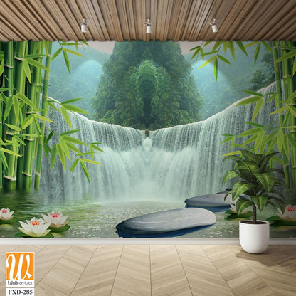 3D bamboo forest waterfall and stone background wall mural Wallpaper [WP-FXD-285]