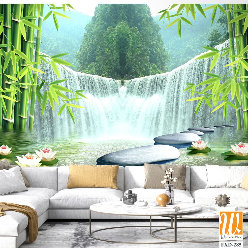 3D bamboo forest waterfall and stone background wall mural Wallpaper [WP-FXD-285]