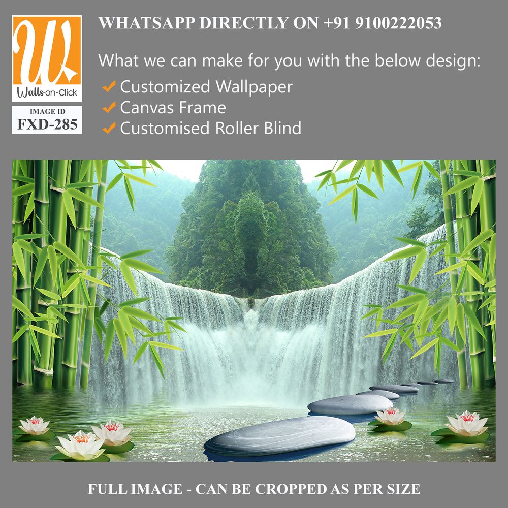 3D bamboo forest waterfall and stone background wall mural Wallpaper [WP-FXD-285]