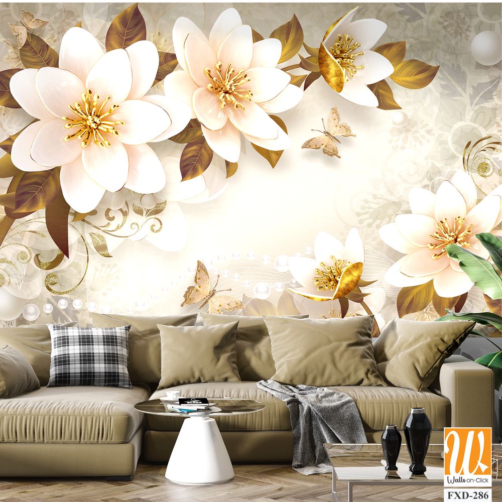 3D floral mural with beautiful flowers, pearls, and butterflies Wallpaper [WP-FXD-286]