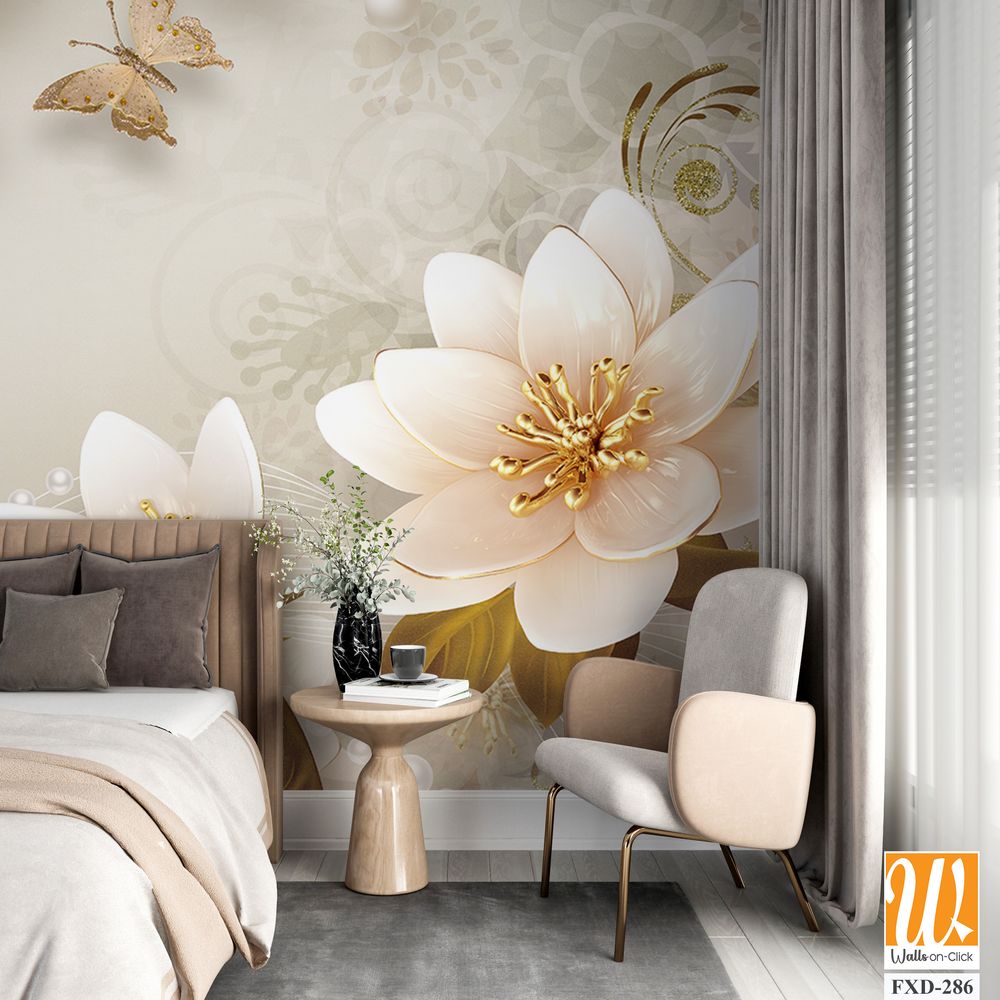 3D floral mural with beautiful flowers, pearls, and butterflies Wallpaper [WP-FXD-286]