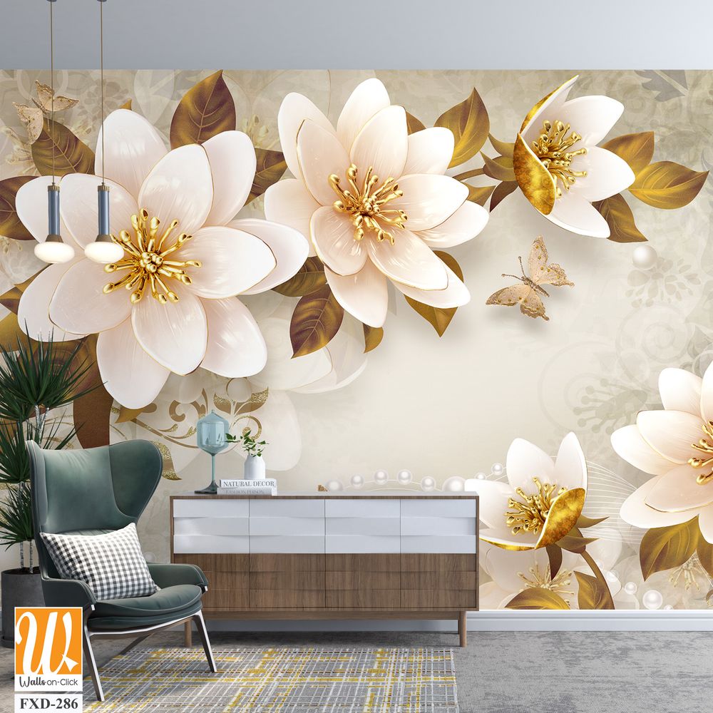 3D floral mural with beautiful flowers, pearls, and butterflies Wallpaper [WP-FXD-286]