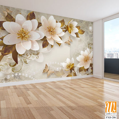 3D floral mural with beautiful flowers, pearls, and butterflies Wallpaper [WP-FXD-286]