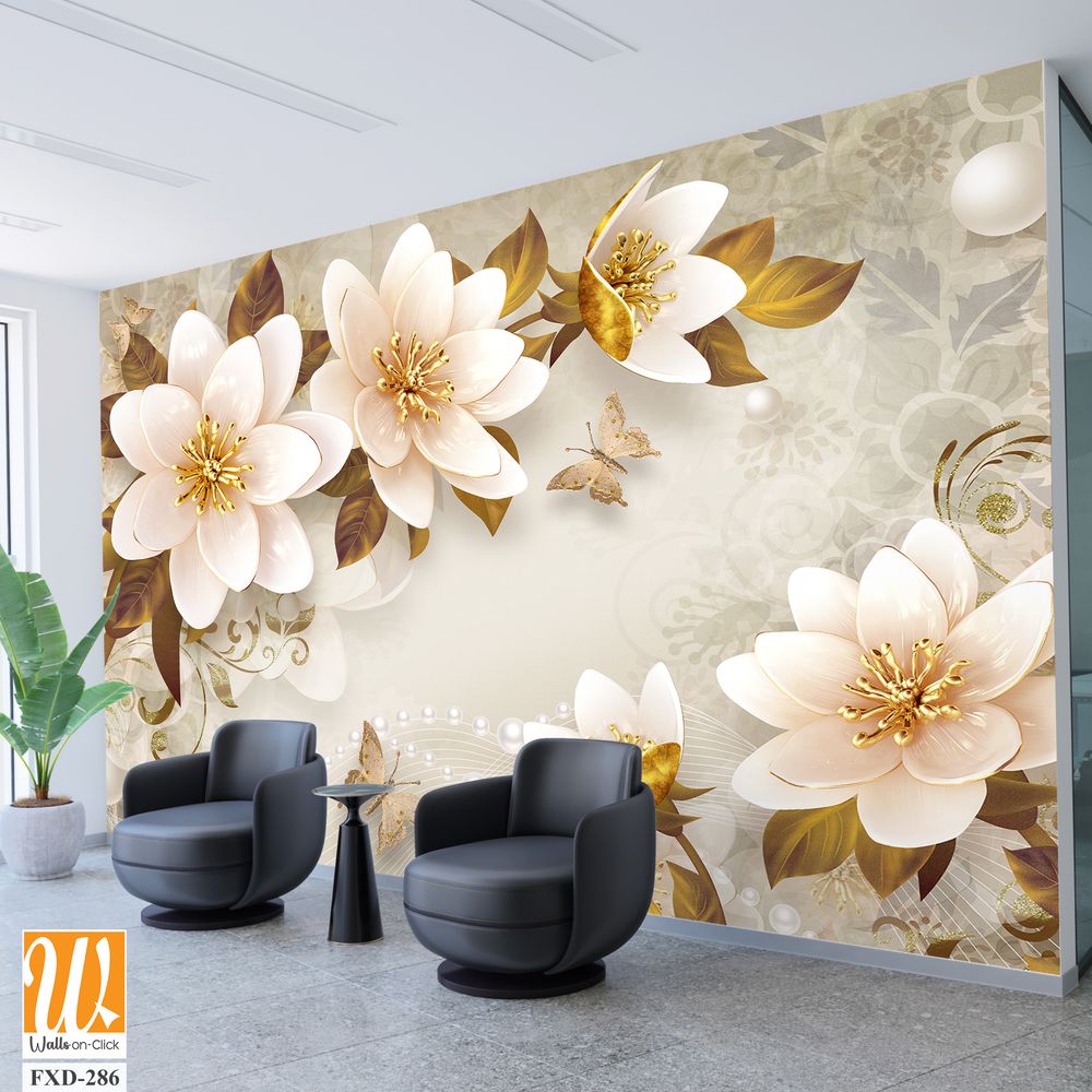 3D floral mural with beautiful flowers, pearls, and butterflies Wallpaper [WP-FXD-286]