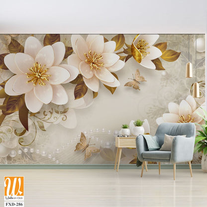 3D floral mural with beautiful flowers, pearls, and butterflies Wallpaper [WP-FXD-286]