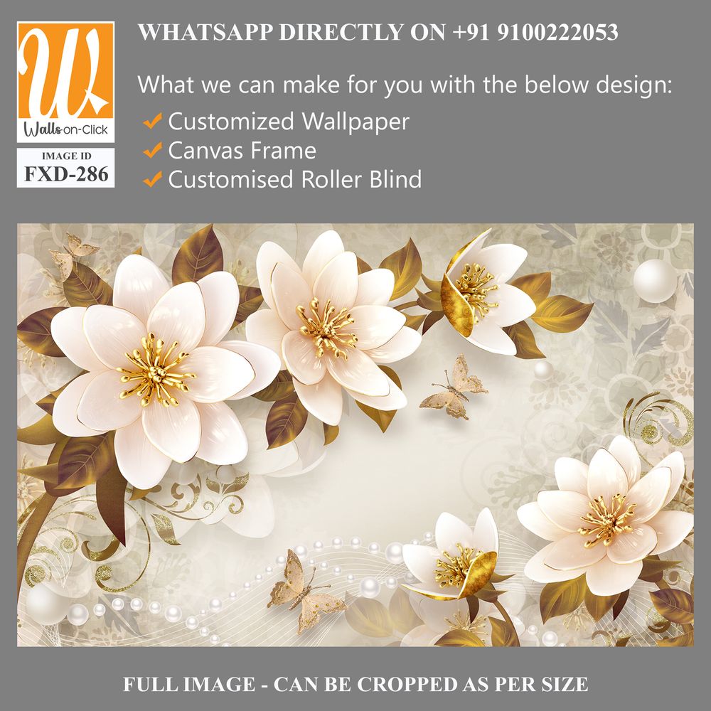 3D floral mural with beautiful flowers, pearls, and butterflies Wallpaper [WP-FXD-286]