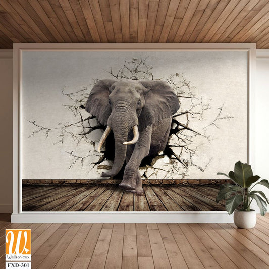 3D elephant emerging from a cracked wall mural Wallpaper [WP-FXD-301]