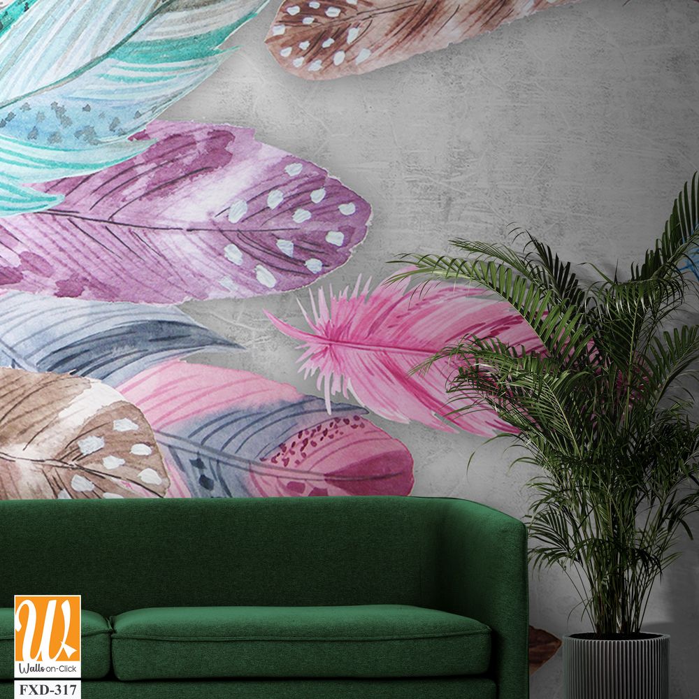 Watercolor and pastel-colored bohemian feathers Wallpaper [WP-FXD-317]