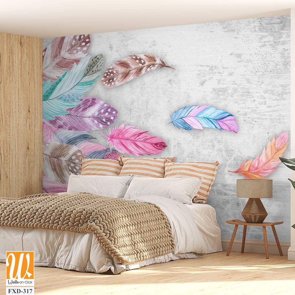 Watercolor and pastel-colored bohemian feathers Wallpaper [WP-FXD-317]