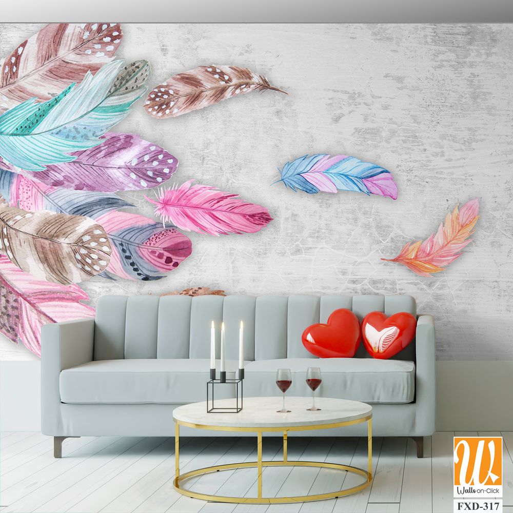 Watercolor and pastel-colored bohemian feathers Wallpaper [WP-FXD-317]