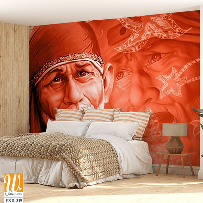 Shiridi Sai Baba on a red-orange background Wallpaper [WP-FXD-319]