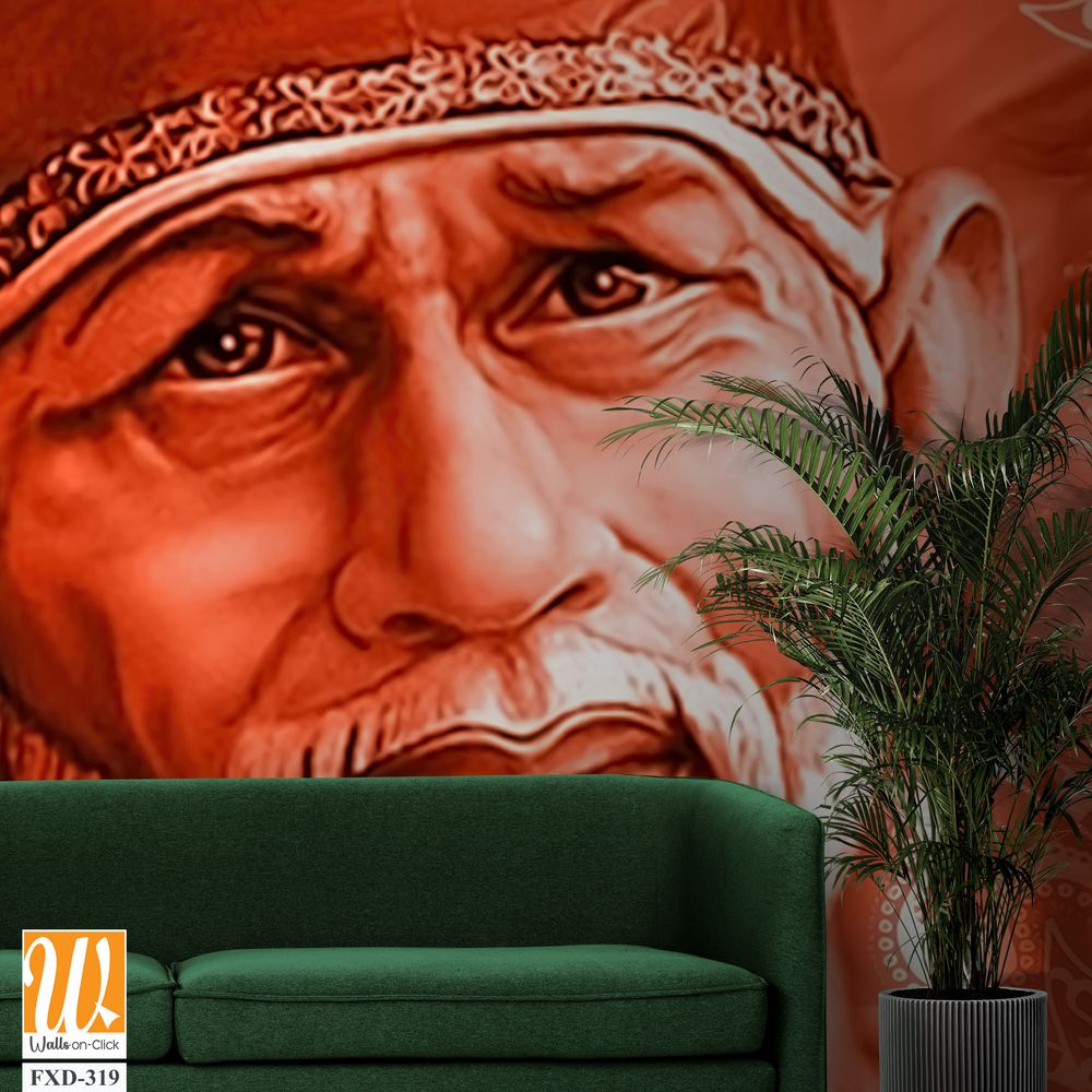 Shiridi Sai Baba on a red-orange background Wallpaper [WP-FXD-319]