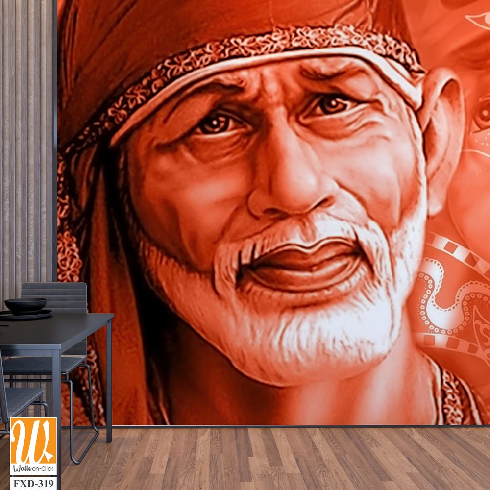 Shiridi Sai Baba on a red-orange background Wallpaper [WP-FXD-319]