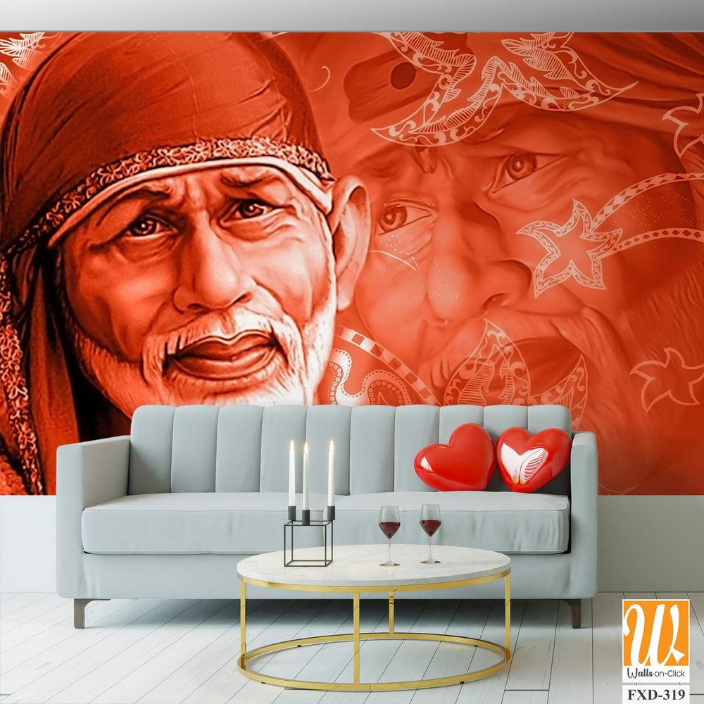 Shiridi Sai Baba on a red-orange background Wallpaper [WP-FXD-319]