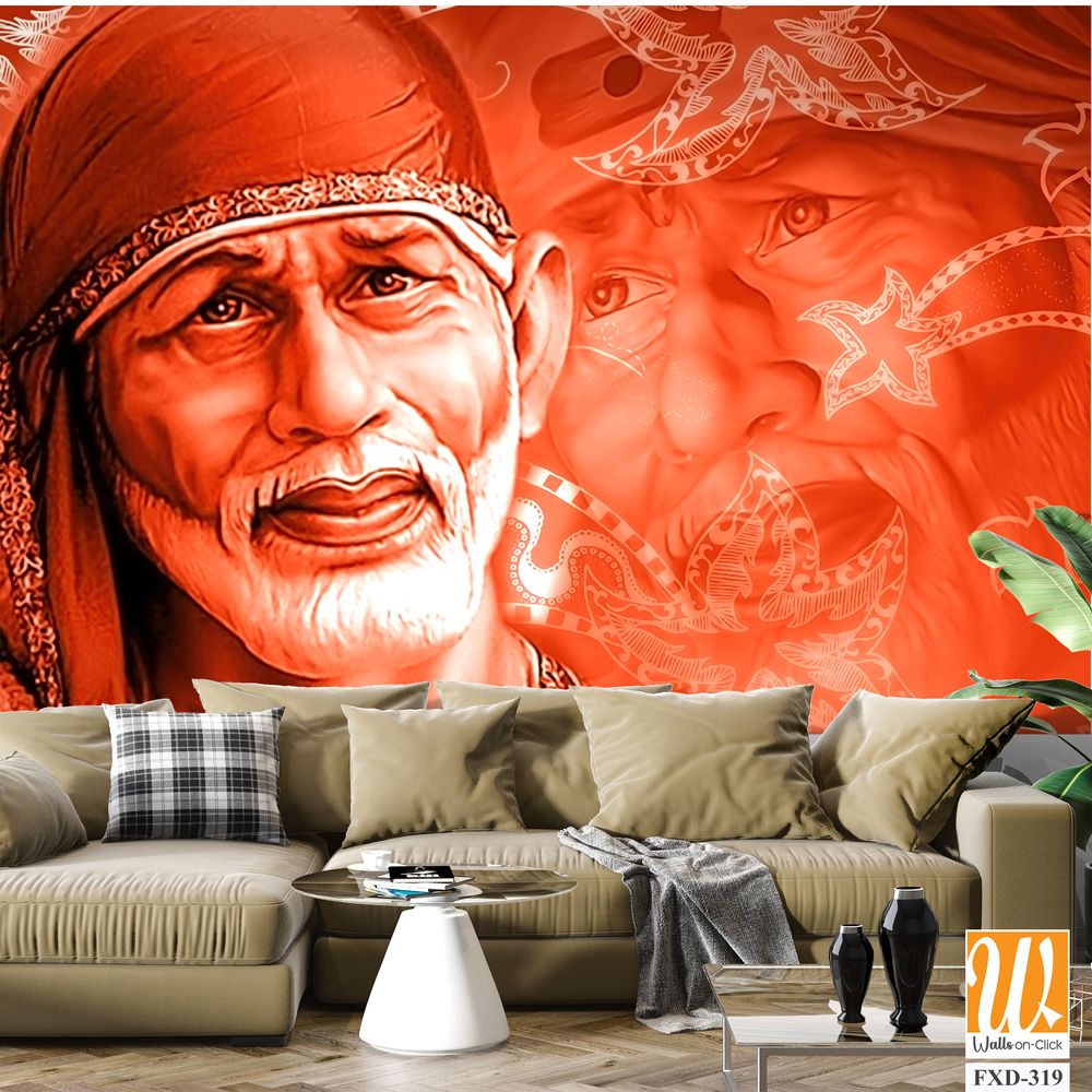 Shiridi Sai Baba on a red-orange background Wallpaper [WP-FXD-319]