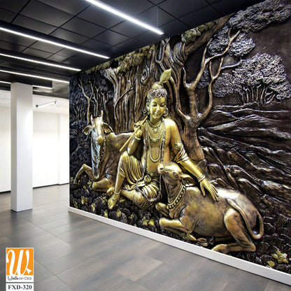 Ornate bronze bas-relief of Lord Krishna with sacred cow Wallpaper [WP-FXD-320]