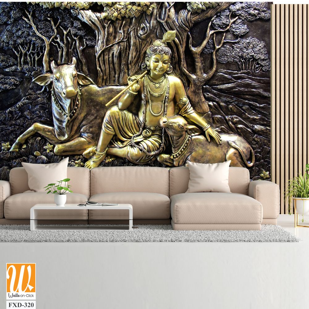 Ornate bronze bas-relief of Lord Krishna with sacred cow Wallpaper [WP-FXD-320]