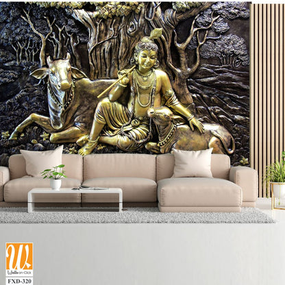 Ornate bronze bas-relief of Lord Krishna with sacred cow Wallpaper [WP-FXD-320]