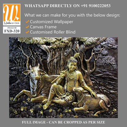 Ornate bronze bas-relief of Lord Krishna with sacred cow Wallpaper [WP-FXD-320]