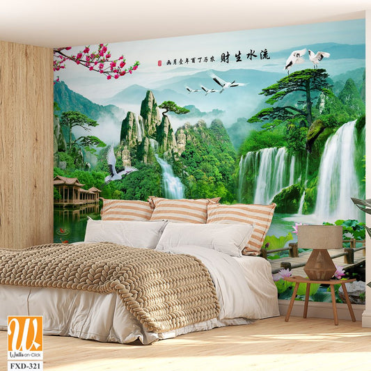 3d landscape painting with waterfalls Wallpaper [WP-FXD-321]