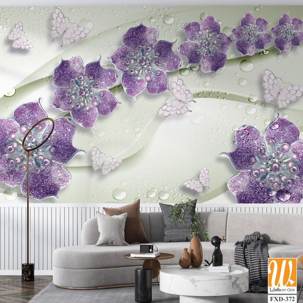 3D wallpaper with purple flowers, silver pearls, and butterflies [WP-FXD-372]