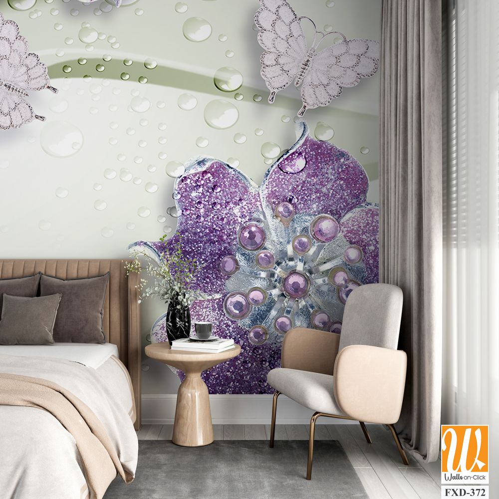 3D wallpaper with purple flowers, silver pearls, and butterflies [WP-FXD-372]