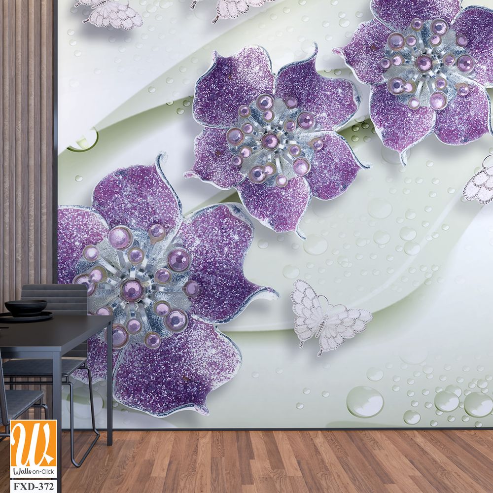 3D wallpaper with purple flowers, silver pearls, and butterflies [WP-FXD-372]