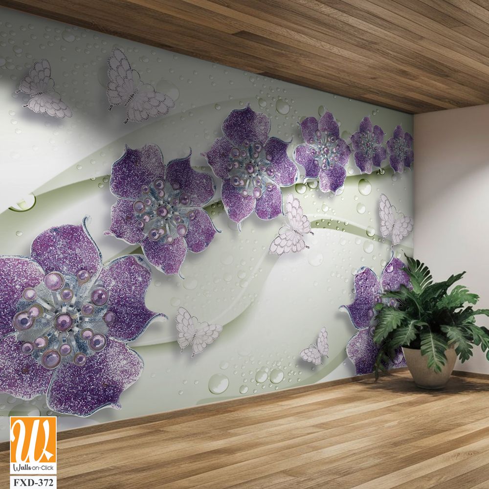 3D wallpaper with purple flowers, silver pearls, and butterflies [WP-FXD-372]