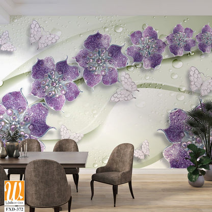 3D wallpaper with purple flowers, silver pearls, and butterflies [WP-FXD-372]