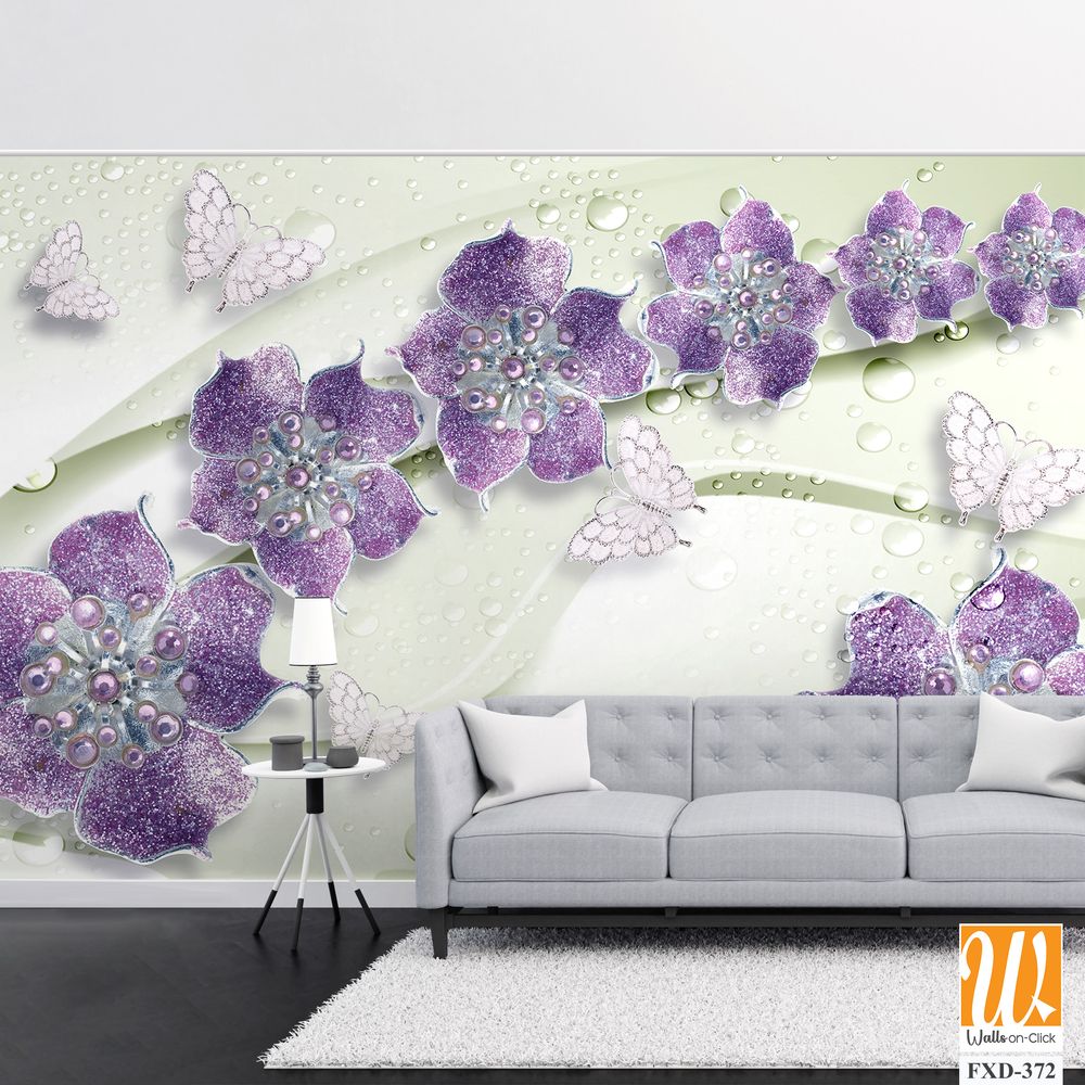 3D wallpaper with purple flowers, silver pearls, and butterflies [WP-FXD-372]