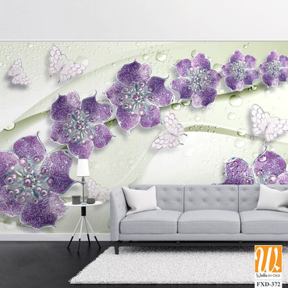 3D wallpaper with purple flowers, silver pearls, and butterflies [WP-FXD-372]