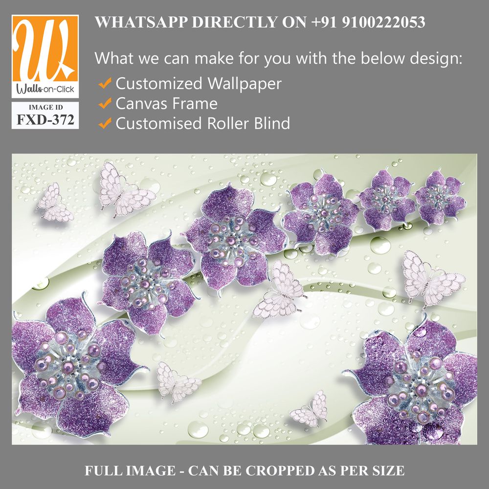 3D wallpaper with purple flowers, silver pearls, and butterflies [WP-FXD-372]