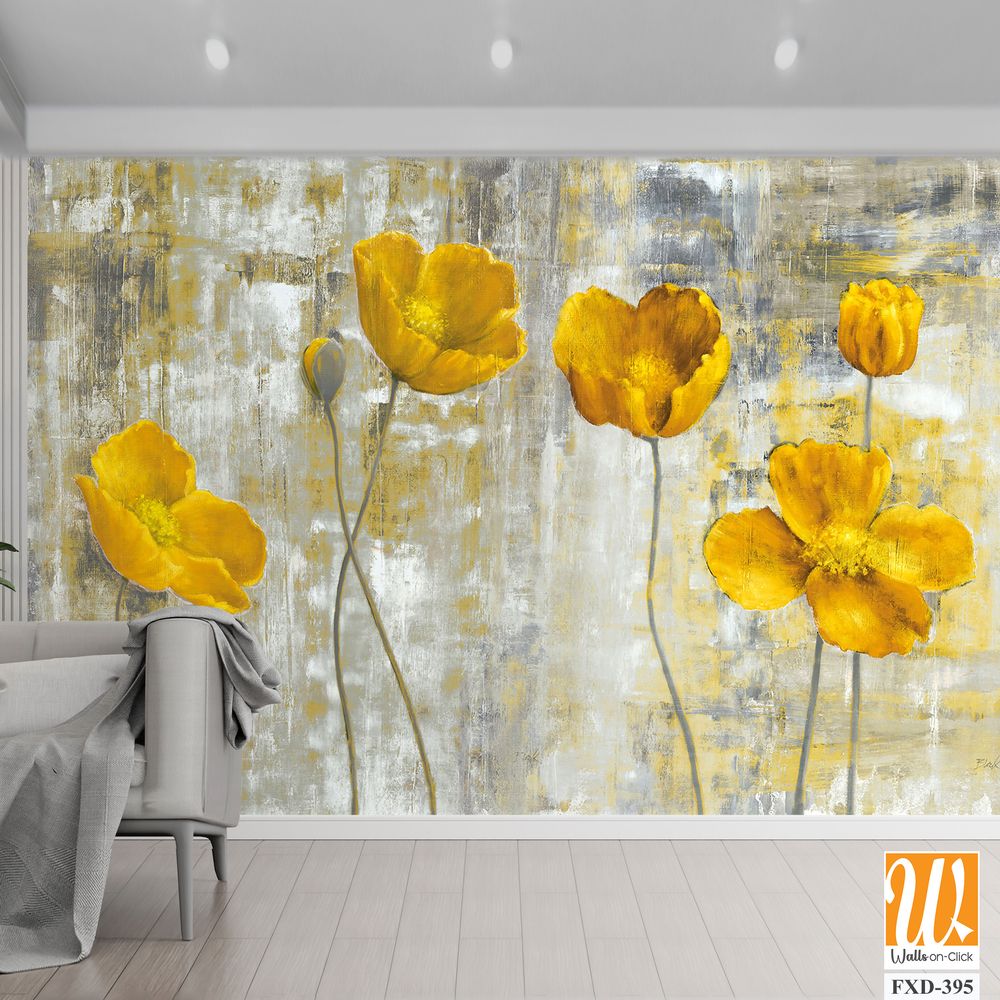 Abstract yellow flowers on a grey background, brush stroked Wallpaper [WP-FXD-395]