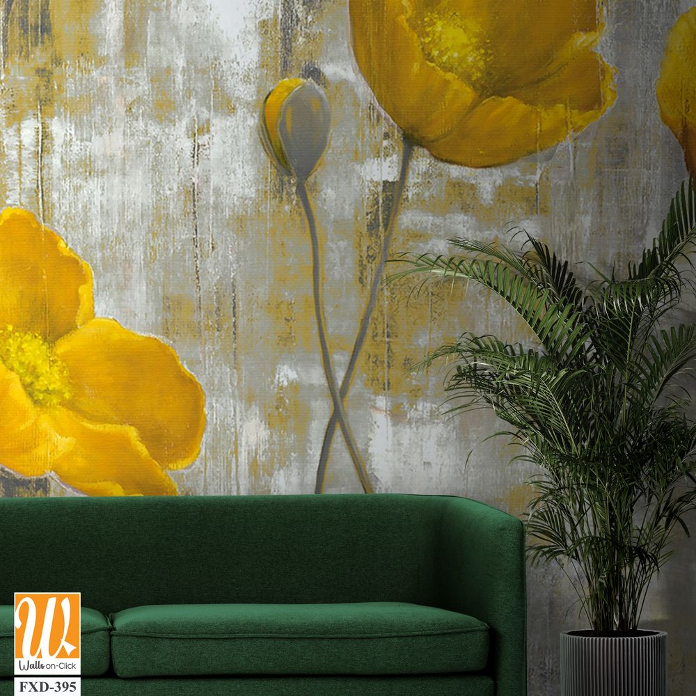 Abstract yellow flowers on a grey background, brush stroked Wallpaper [WP-FXD-395]