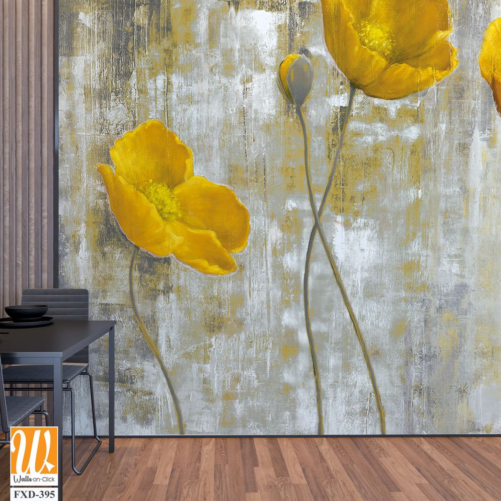 Abstract yellow flowers on a grey background, brush stroked Wallpaper [WP-FXD-395]