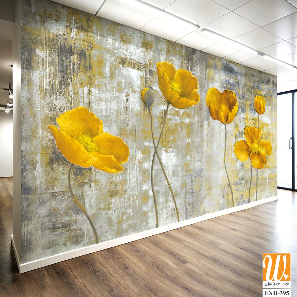 Abstract yellow flowers on a grey background, brush stroked Wallpaper [WP-FXD-395]