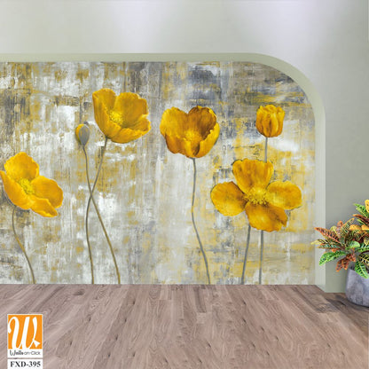 Abstract yellow flowers on a grey background, brush stroked Wallpaper [WP-FXD-395]