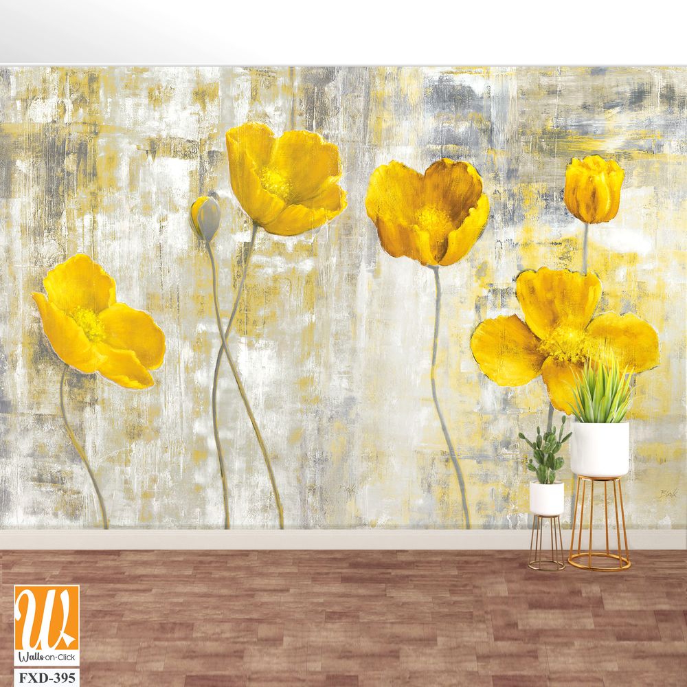 Abstract yellow flowers on a grey background, brush stroked Wallpaper [WP-FXD-395]